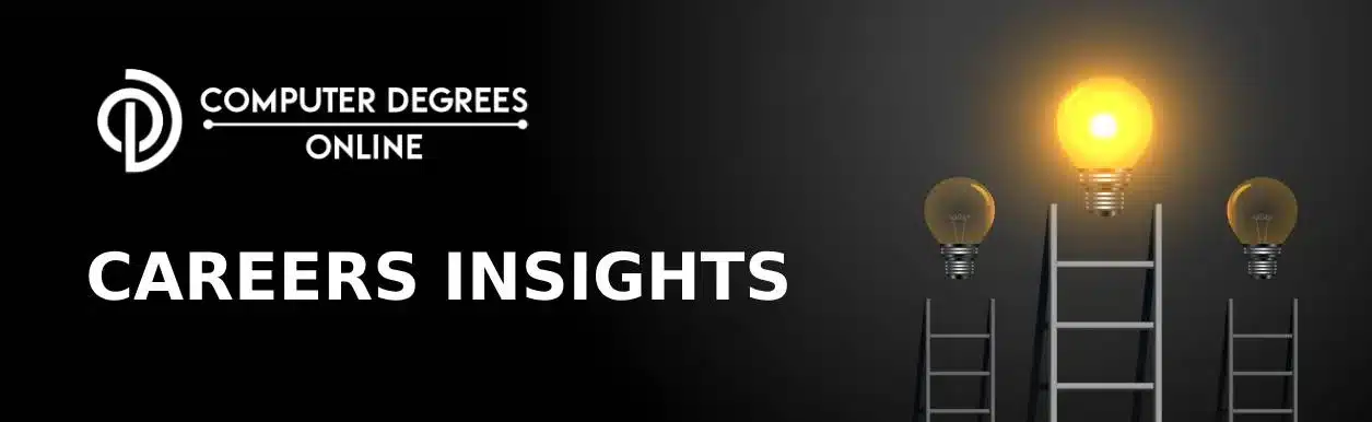 showing a brighter career insight in the tech field ladder is leaning against the wall and the lighted electric blub is placed above ladder with a black background with a text career insights.