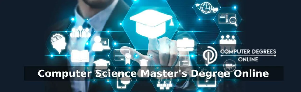 online computer science masters program a person finger pointing on a digital screen where it displays a multiple images such as graduation hat , computer, human brain, people, certificates depicting as a online computer science masters program