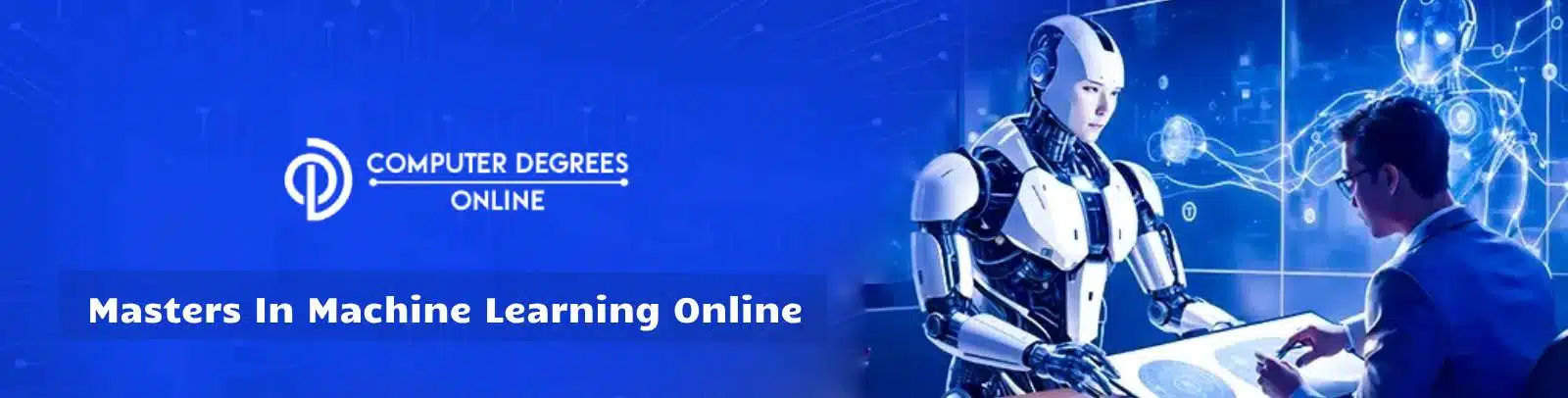 masters in machine learning online a person is sitting and a robot is showing a book to a person where some machine structure is made depicting as machine learning