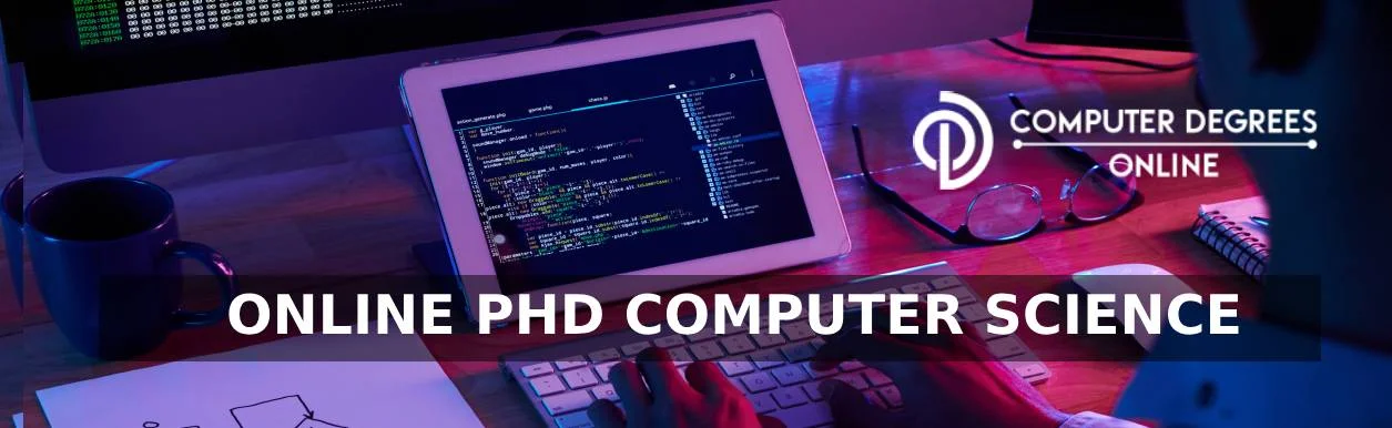 online phd in computer science a person sitting and typing on a laptop that displays codes showcasing as coding.