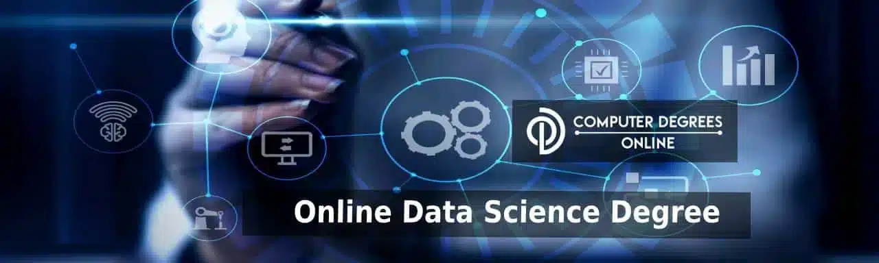 online data science degree a hand holding a circular wheel and the icon related to data are connected with a line around the gear wheel.