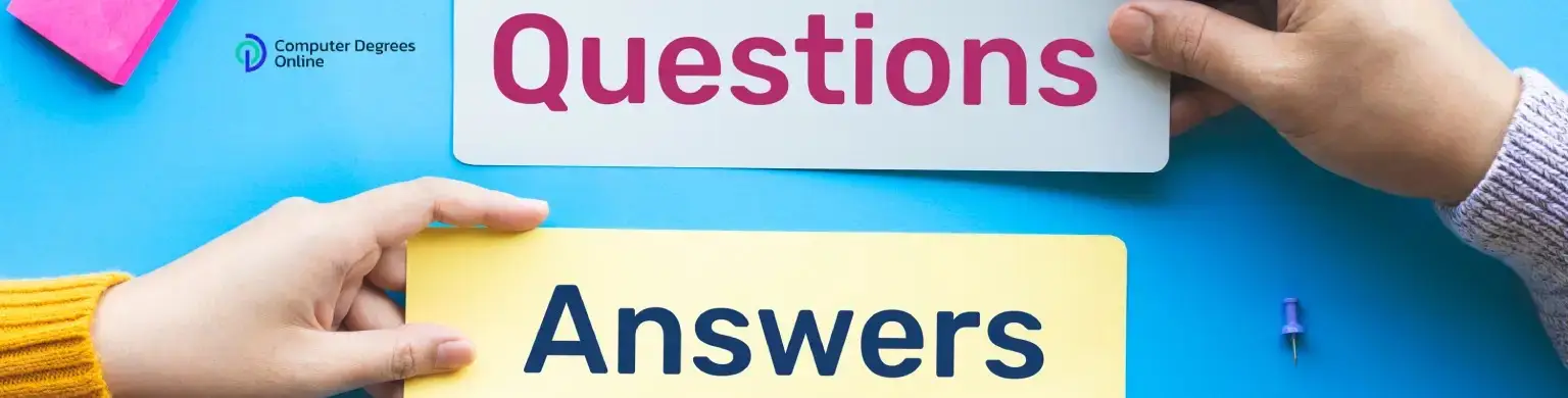 Two hands holding signs labeled “Questions” and “Answers” on a bright blue background