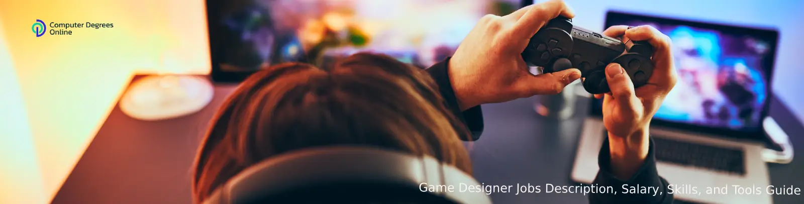 A person wearing headphones holding a game controller in front of a screen.