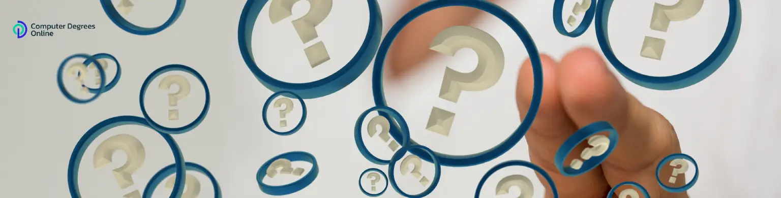 Person pointing at floating 3D question marks, symbolizing frequently asked questions or curiosity.