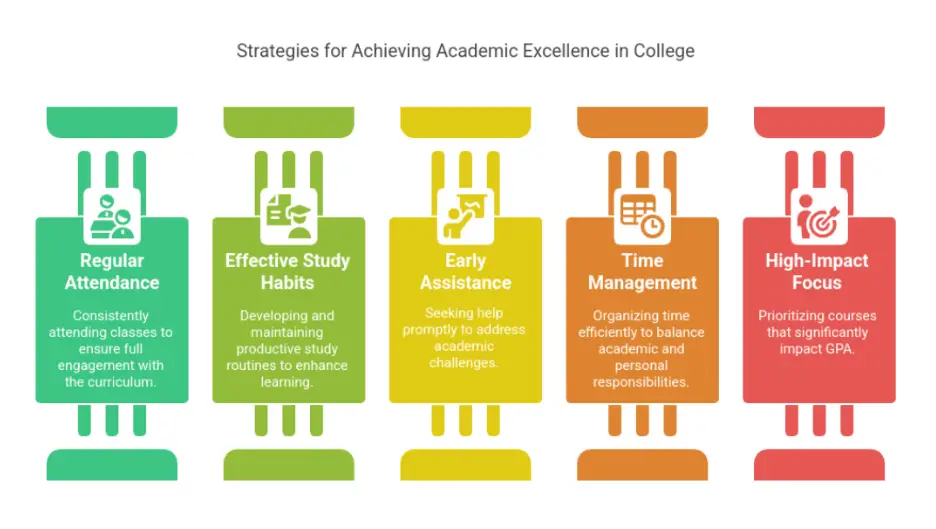 Colorful infographic showing five strategies for achieving academic excellence in college.